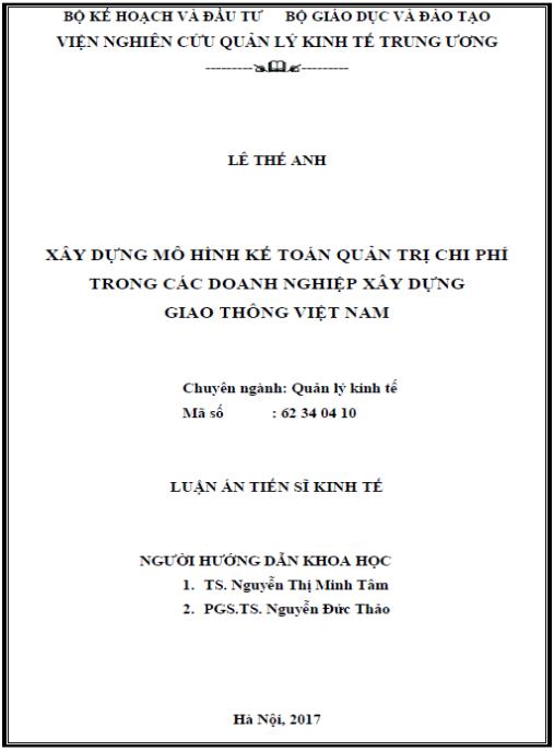 Luận án Xây dựng mô hình kế toán quản trị chi phí trong các doanh nghiệp xây dựng giao thông Việt Nam