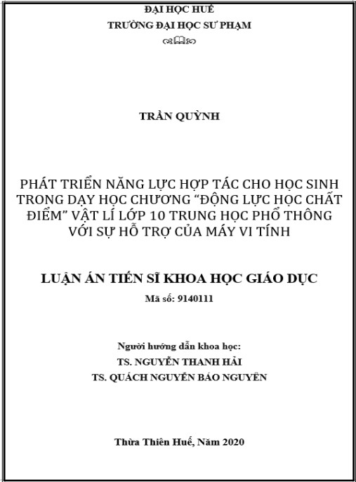 Luận án Phát triển năng lực hợp tác cho học sinh trong dạy học chương “Động lực học chất điểm” Vật lý lớp 10 Trung học phổ thông với sự hỗ trợ của máy vi tính