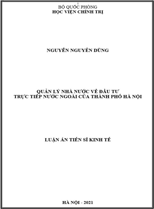 Luận án Quản lý nhà nước về đầu tư trực tiếp nước ngoài của thành phố Hà Nội.