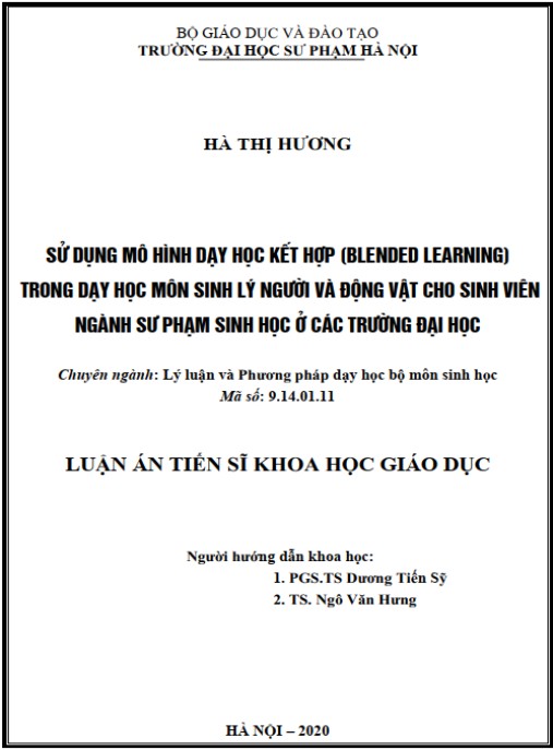 Luận án Sử dụng mô hình dạy học kết hợp (Blended learning) trong dạy học môn Sinh lý người và động vật cho sinh viên ngành Sư phạm Sinh học ở các trường đại học