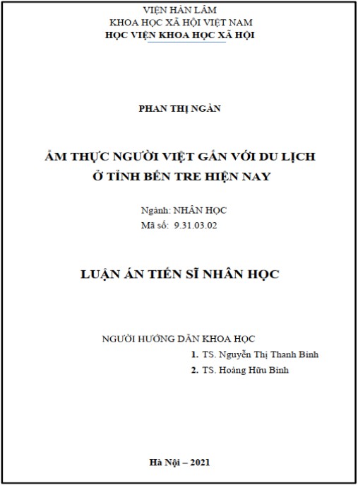 Luận án Ẩm thực người Việt gắn với du lịch ở tỉnh Bến Tre hiện nay