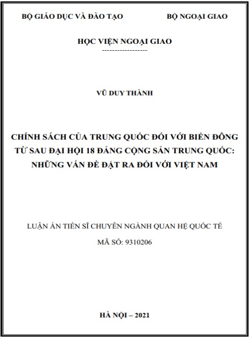 Luận án Chính sách của Trung Quốc đối với Biển Đông từ sau Đại hội 18 Đảng Cộng sản Trung Quốc – Những vấn đề đặt ra đối với Việt Nam