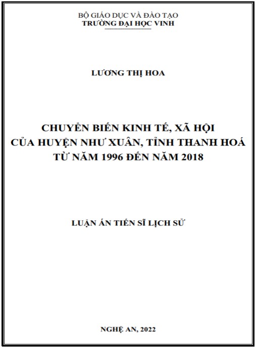 Luận án Chuyển biến kinh tế – xã hội của huyện Như Xuân – tỉnh Thanh Hoá từ năm 1996 đến năm 2018