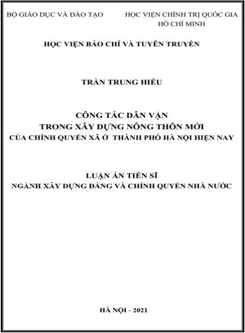 Luận án  Công tác dân vận trong xây dựng nông thôn mới của chính quyền xã ở Thành phố Hà Nội hiện nay