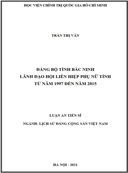 Luận án Đảng bộ tỉnh Bắc Ninh lãnh đạo Hội Liên hiệp Phụ nữ tỉnh từ năm 1997 đến năm 2015
