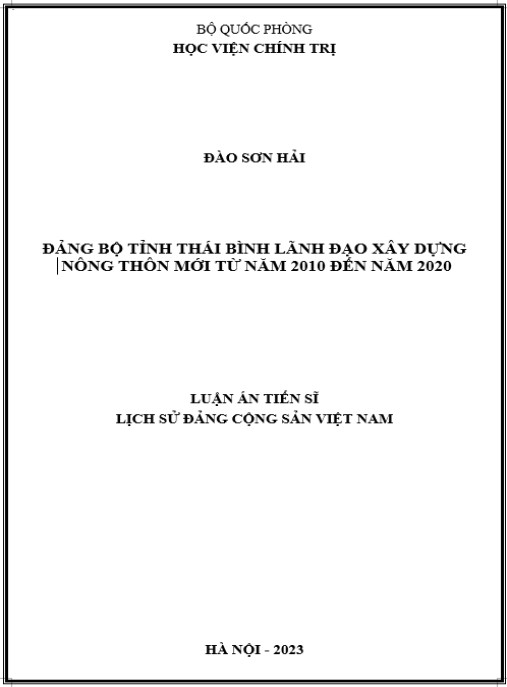 Luận án Đảng bộ tỉnh Thái Bình lãnh đạo xây dựng nông thôn mới từ năm 2010 đến năm 2020