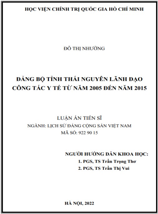 Luận án Đảng bộ tỉnh Thái Nguyên lãnh đạo công tác y tế từ năm 2005 đến năm 2015