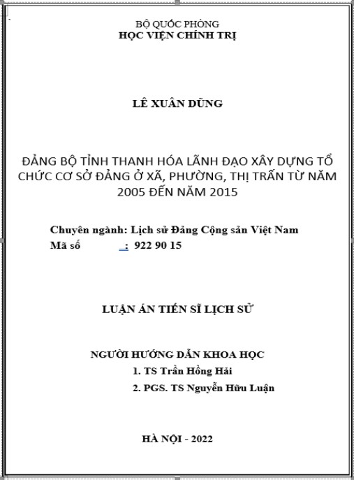 Luận án Đảng bộ tỉnh Thanh Hóa lãnh đạo xây dựng tổ chức cơ sở đảng ở xã – phường – thị trấn từ năm 2005 đến năm 2015