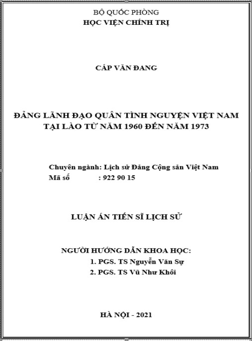 Luận án Đảng lãnh đạo quân tình nguyện Việt Nam tại Lào từ năm 1960 đến năm 1973