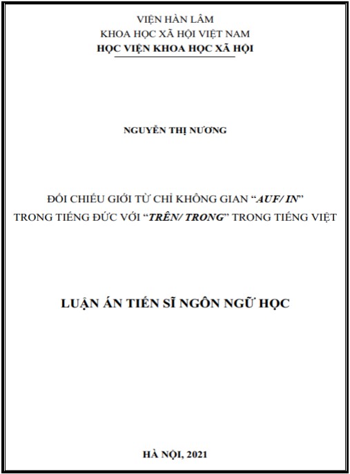 Luận án Đối chiếu giới từ chỉ không gian ‘auf/in’ trong tiếng Đức với ‘trên/trong’ trong tiếng Việt