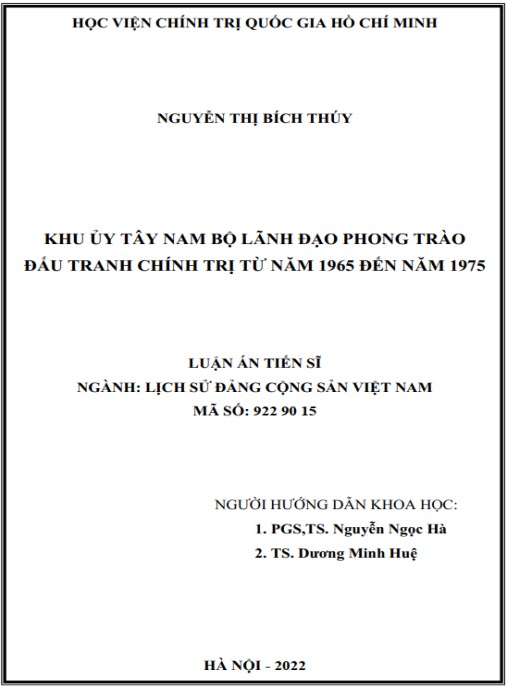 Luận án Khu ủy Tây Nam Bộ lãnh đạo phong trào đấu tranh chính trị từ năm 1965 đến năm 1975