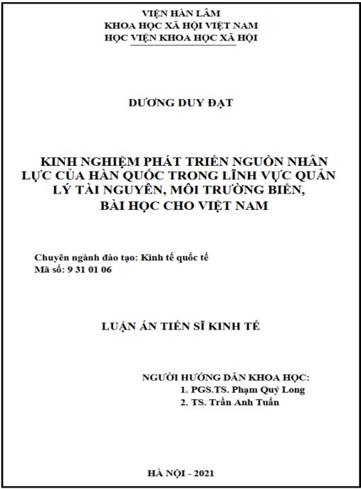 Luận án Kinh nghiệm phát triển nguồn nhân lực của Hàn Quốc trong lĩnh vực quản lý tài nguyên – môi trường biển – bài học cho Việt Nam