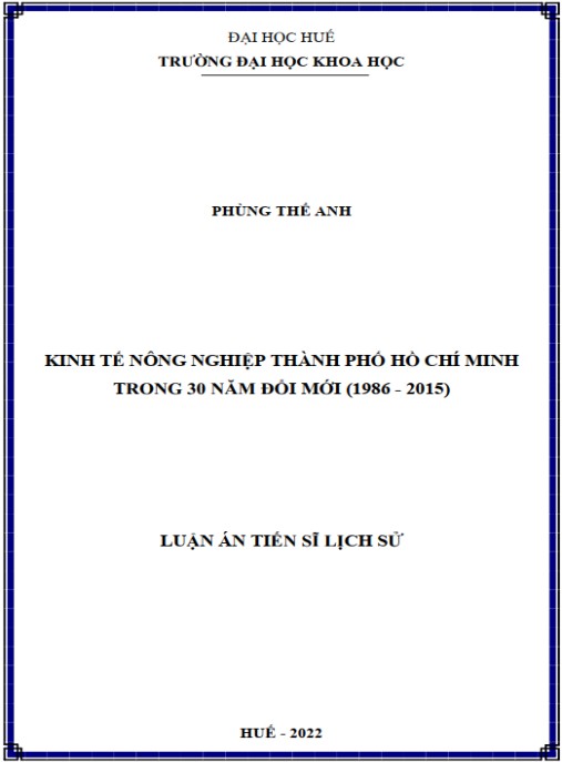 Luận án Kinh tế nông nghiệp Thành phố Hồ Chí Minh trong 30 năm đổi mới (1986 – 2015)