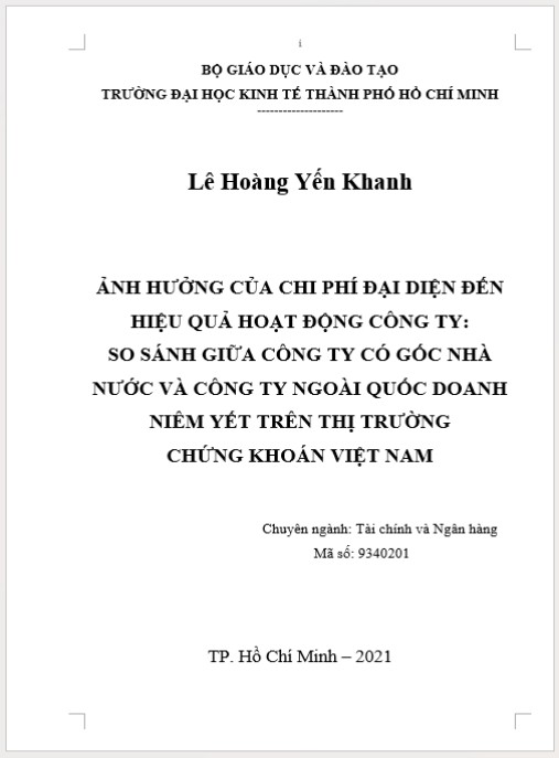 Luận án Ảnh hưởng của chi phí đại diện đến hiệu quả hoạt động công ty: so sánh giữa công ty có gốc nhà nước và công ty ngoài quốc doanh niêm yết trên thị trường chứng khoán Việt Nam