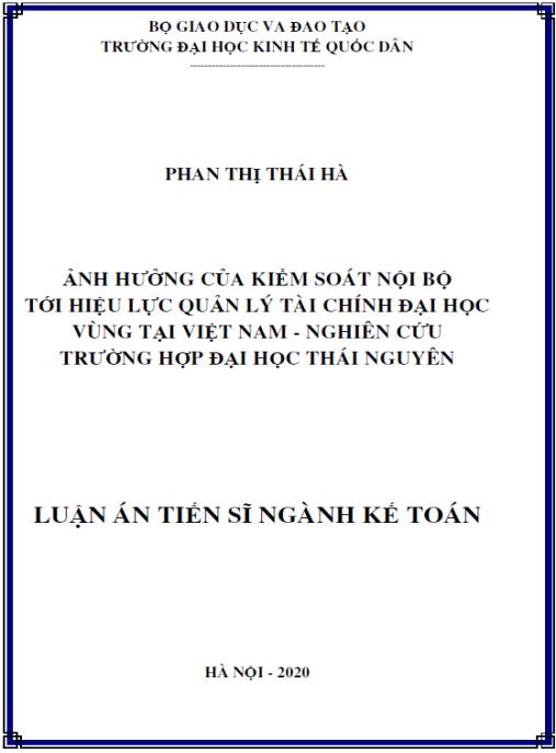 Luận án Ảnh hưởng của kiểm soát nội bộ tới hiệu lực quản lý tài chính đại học vùng tại Việt Nam – Nghiên cứu trường hợp Đại học Thái Nguyên