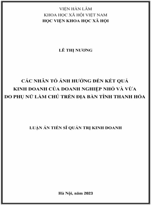 Luận án Các nhân tố ảnh hưởng đến kết quả kinh doanh của doanh nghiệp nhỏ và vừa do phụ nữ làm chủ trên địa bàn tỉnh Thanh Hóa