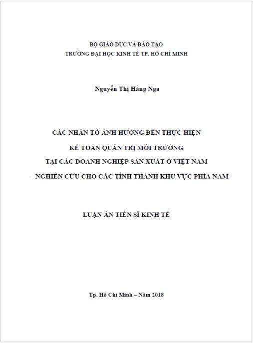 Luận án Các nhân tố ảnh hưởng đến thực hiện kế toán quản trị môi trường tại các doanh nghiệp sản xuất ở Việt Nam – nghiên cứu cho các tỉnh thành khu vực phía Nam