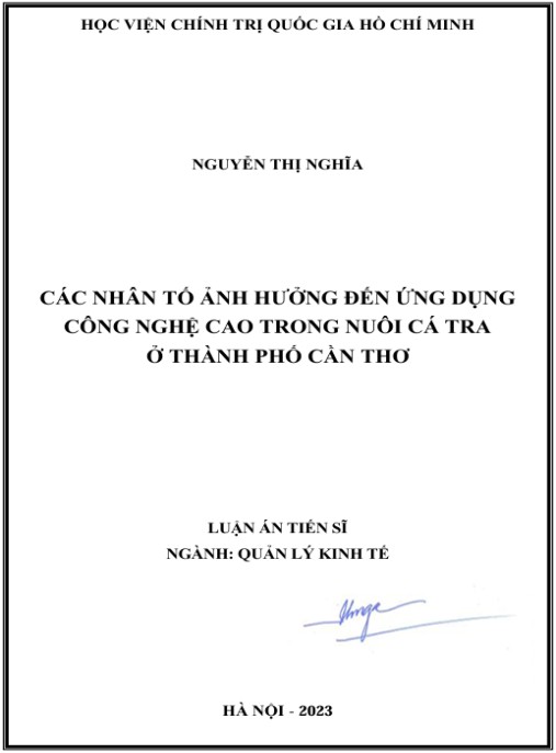 Luận án Các nhân tố ảnh hưởng đến ứng dụng công nghệ cao trong nuôi cá tra ở thành phố Cần Thơ