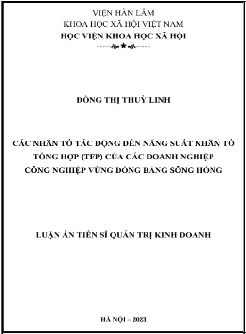 Luận án Các nhân tố tác động đến năng suất nhân tố tổng hợp (TFP) của các doanh nghiệp công nghiệp vùng đồng bằng sông Hồng.