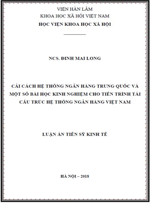 Luận án Cải cách hệ thống ngân hàng Trung Quốc và một số bài học kinh nghiệm cho tiến trình tái cấu trúc hệ thống ngân hàng Việt Nam