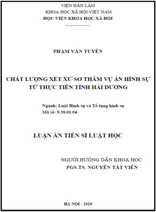 Luận án Chất lượng xét xử sơ thẩm vụ án hình sự từ thực tiễn tỉnh Hải Dương