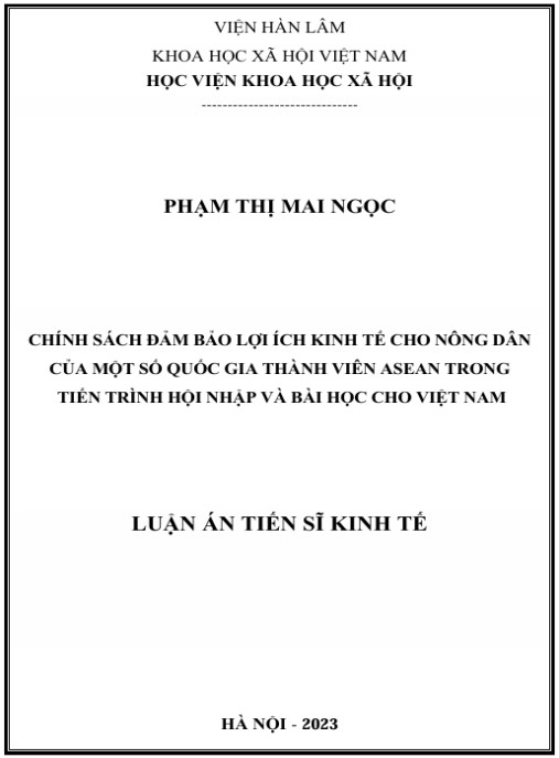 Luận án Chính sách đảm bảo lợi ích kinh tế cho nông dân của một số quốc gia thành viên ASEAN trong tiến trình hội nhập và bài học cho Việt Nam