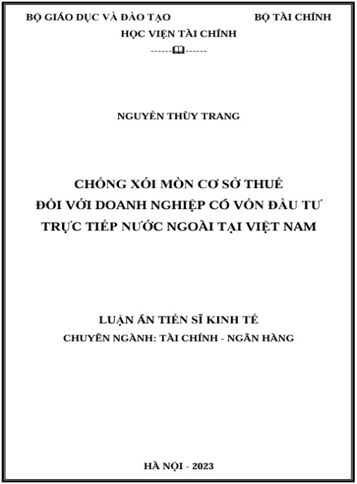 Luận án Chống xói mòn cơ sở thuế đối với doanh nghiệp có vốn đầu tư trực tiếp nước ngoài tại Việt Nam