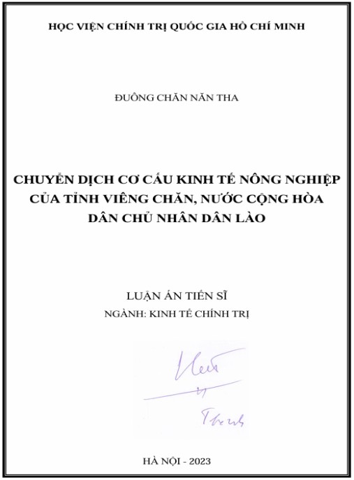 Luận án Chuyển dịch cơ cấu kinh tế nông nghiệp của tỉnh Viêng Chăn, nước Cộng hòa Dân chủ Nhân dân Lào