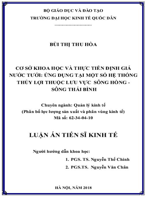 Luận án Cơ sở khoa học và thực tiễn định giá nước tưới: Ứng dụng tại một số hệ thống thủy lợi thuộc hệ thống sông Hồng – sông Thái Bình