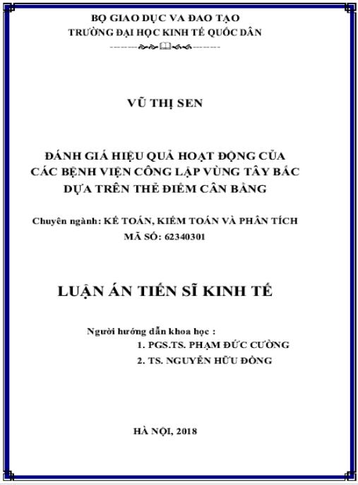 Luận án Đánh giá hiệu quả hoạt động của các bệnh viện công lập vùng Tây Bắc dựa trên thẻ điểm cân bằng