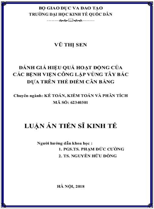 Luận án Đánh giá hiệu quả hoạt động của các bệnh viện công lập vùng Tây Bắc dựa trên thẻ điểm cân bằng