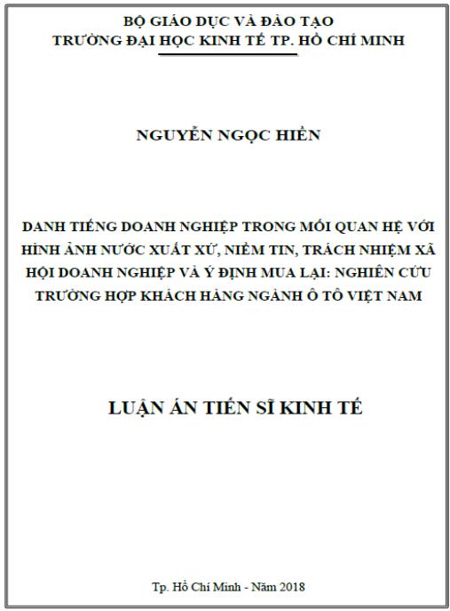 Luận án Danh tiếng doanh nghiệp trong mối quan hệ với hình ảnh nước xuất xứ, niềm tin, trách nhiệm xã hội doanh nghiệp và ý định mua lại..