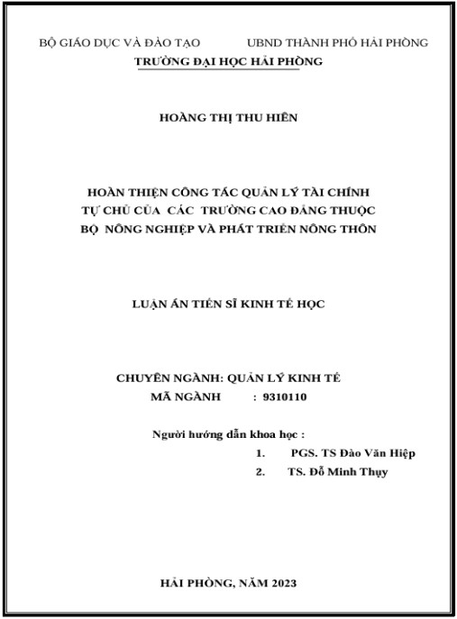 Luận án Hoàn Thiện Công Tác Quản Lý Tài Chính Tự Chủ Của Các Trường Cao Đẳng Thuộc Bộ Nông Nghiệp Và Phát Triển Nông Thôn