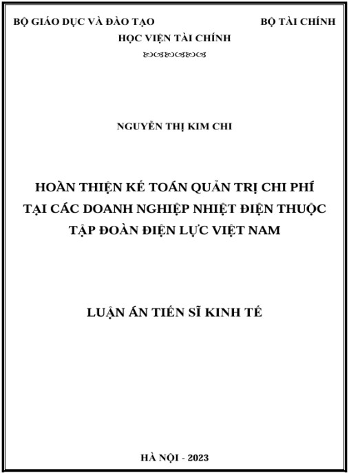 Luận án Hoàn thiện kế toán quản trị chi phí tại các doanh nghiệp nhiệt điện thuộc tập đoàn Điện lực Việt Nam
