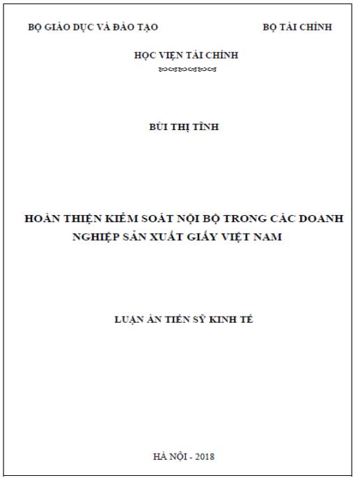 Luận án Hoàn thiện kiểm soát nội bộ trong các doanh nghiệp sản xuất giấy Việt Nam