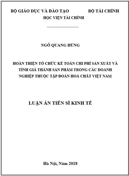 Luận án Hoàn thiện tổ chức kế toán chi phí sản xuất và tính giá thành sản phẩm trong các doanh nghiệp thuộc Tập đoàn Hóa chất Việt Nam