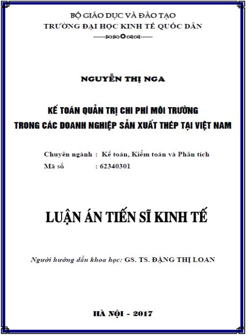 Luận án Kế toán quản trị chi phí môi trường trong các doanh nghiệp sản xuất thép tại Việt Nam