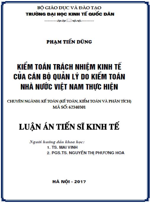 Luận án Kiểm toán trách nhiệm kinh tế của cán bộ quản lý do Kiểm toán nhà nước Việt Nam thực hiện