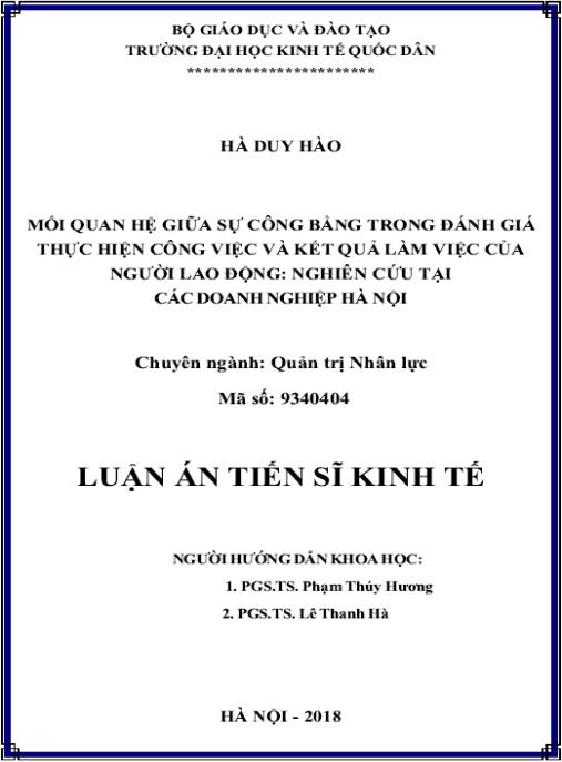 Luận án Mối quan hệ giữa sự công bằng trong đánh giá thực hiện công việc và kết quả làm việc của người lao động: Nghiên cứu tại các doanh nghiệp Hà Nội