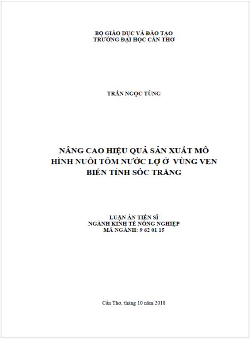 Luận án Nâng cao hiệu quả sản xuất mô hình nuôi tôm nước lợ ở vùng ven biển tỉnh Sóc Trăng.