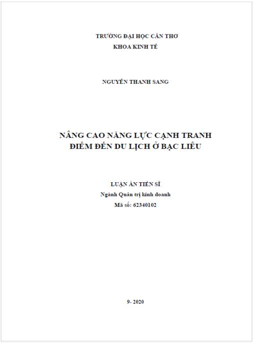 Luận án Nâng cao năng lực cạnh tranh điểm đến du lịch ở Bạc Liêu