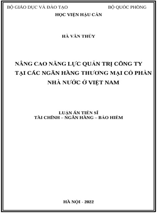 Luận án Nâng cao năng lực quản trị công ty tại các ngân hàng thương mại cổ phần nhà nước ở Việt Nam