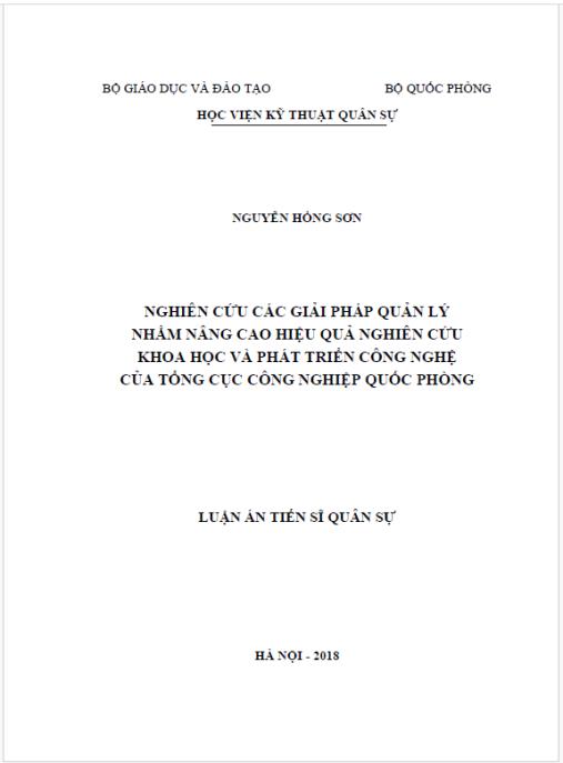 Luận án Nghiên cứu các giải pháp quản lý nhằm nâng cao hiệu quả nghiên cứu khoa học và phát triển công nghệ của Tổng cục Công nghiệp Quốc phòng