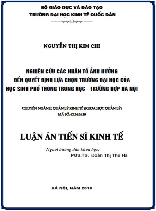 Luận án Nghiên cứu các nhân tố ảnh hưởng đến quyết định lựa chọn trường đại học của học sinh phổ thông trung học- trường hợp Hà Nội