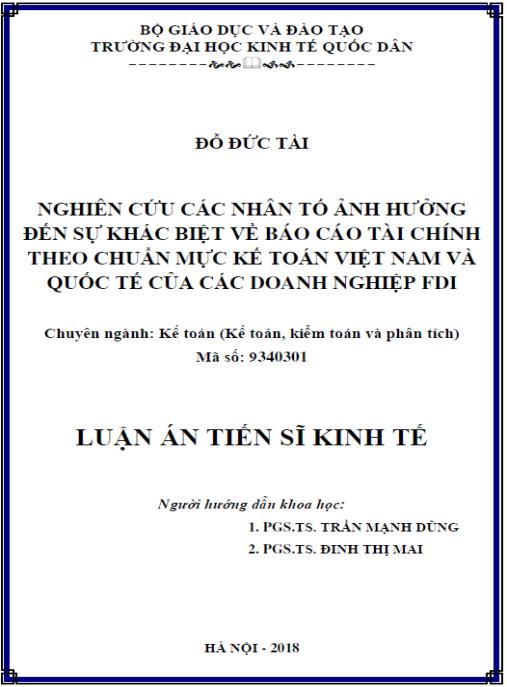 Luận án Nghiên cứu các nhân tố ảnh hưởng đến sự khác biệt về báo cáo tài chính theo chuẩn mực kế toán Việt Nam và quốc tế của các doanh nghiệp FDI