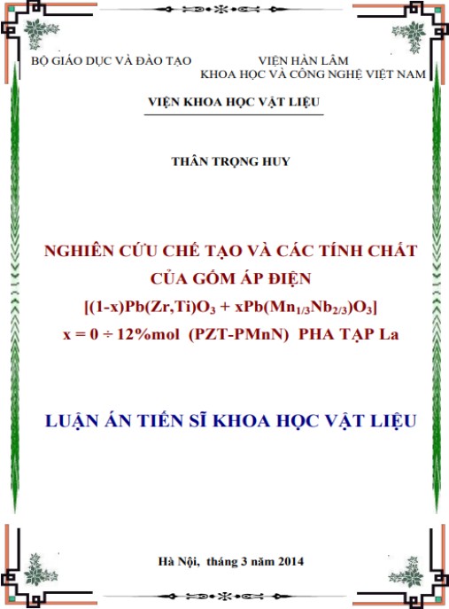 Luận án Nghiên cứu chế tạo và các tính chất của gốm áp điện [(1-x)Pb(Zr,Ti)O3 + xPb(Mn1/3Nb2/3)O3] (x = 0 ÷ 12%mol) (PZT-PMnN) pha tạp La