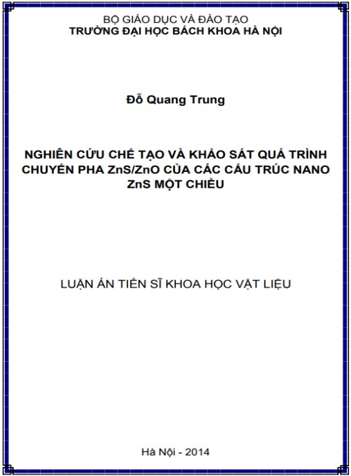 Luận án Nghiên cứu chế tạo và khảo sát quá trình chuyển pha ZnS/ZnO của các cấu trúc nano ZnS một chiều