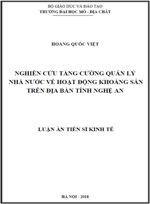 Luận án Nghiên cứu tăng cường quản lý nhà nước về hoạt động khoáng sản trên địa bàn tỉnh Nghệ An