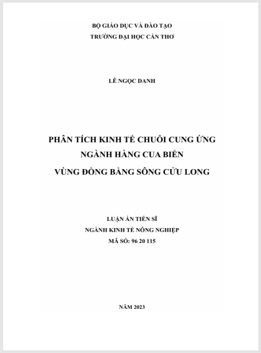 Luận án Phân tích kinh tế chuỗi cung ứng ngành hàng cua biển vùng Đồng bằng sông Cửu Long