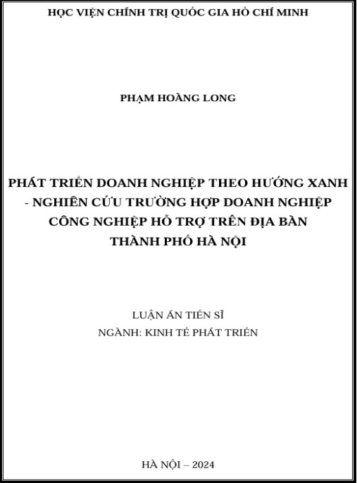Luận án Phát triển doanh nghiệp theo hướng xanh – nghiên cứu trường hợp doanh nghiệp công nghiệp hỗ trợ trên địa bàn Thành phố Hà Nội